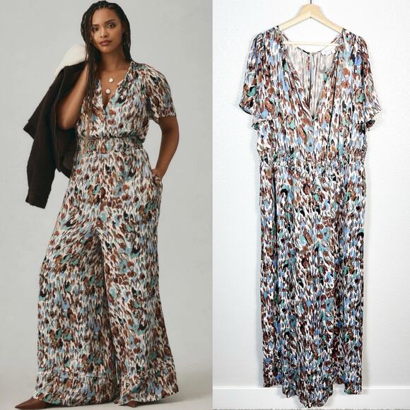 Anthropologie Women’s Somerset Satin Wide Leg Jumpsuit Abstract Blue Brown 2X - Picture 1 of 16